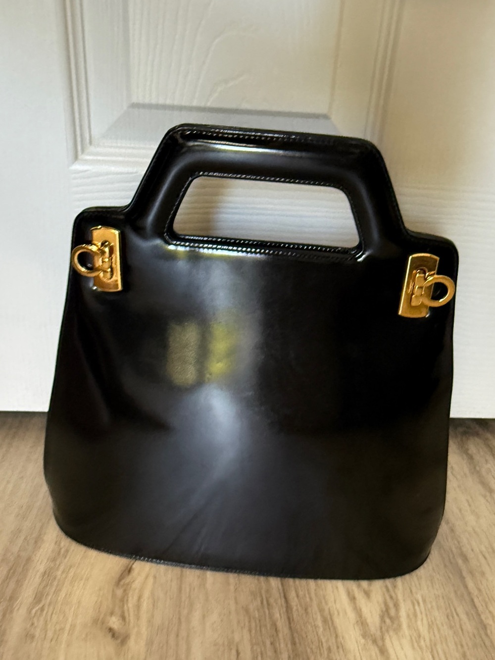 Salvatore Ferragamo Gancini Black Patent Leather Top Handle Bag -vintage
